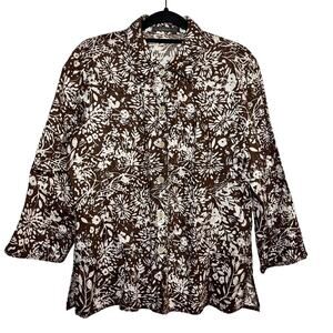 Liz Claiborne 100% Linen Blouse Floral Button Up Top Brown White Medium Collared